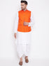 Vastramay Men's Orange And White Cotton Blend Jacket, Kurta and Dhoti Set